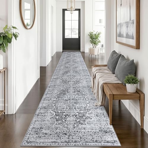 KUTA Vintage Floral Washable Runner Rug 2.6x14, Non-Slip Hallway Kitchen Rugs Grey White with Rubber Backing, Ultra Soft Printed Classic Vintage Floral Extra Long 14ft Carpet Runners