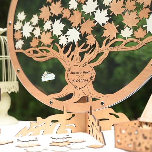 Image of Personalized Fall Maple Tree Drop Box Wedding Guest Book Alternative | Rustic autumn wedding guestbook alternative with leaf drop box, guests sign leaves to fill the maple tree keepsake