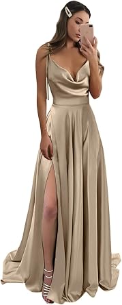 POMUYOO Spaghetti Straps Satin Bridesmaid Dresses for Women Cowl Neck Long A-Line Formal Gowns with Pockets