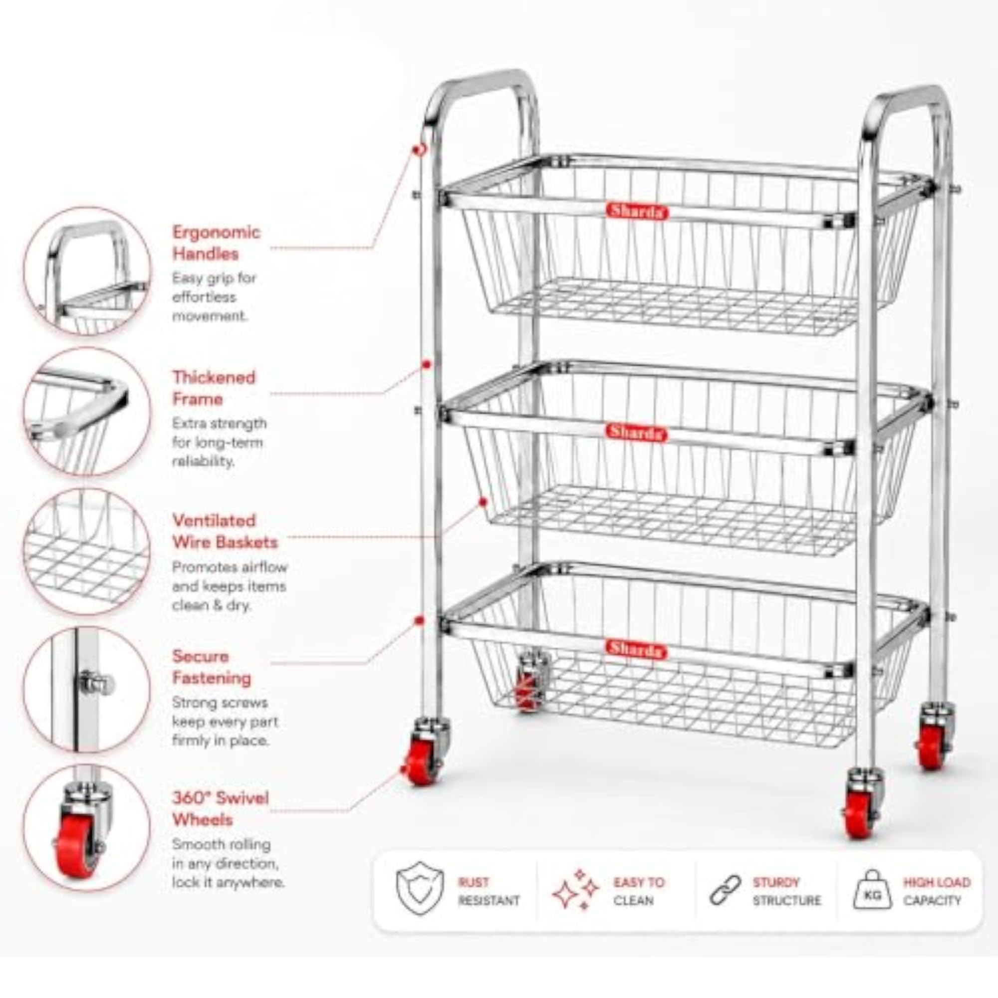 Stainless Steel Kitchen Storage Trolley with Wheels