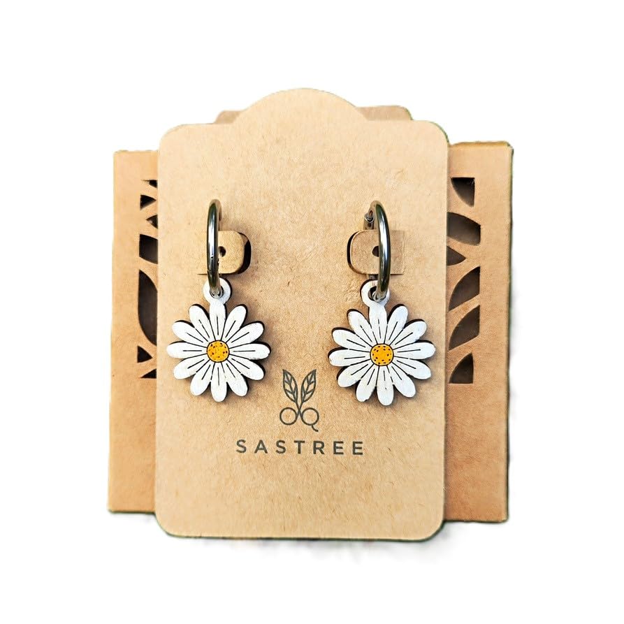 Sastree Pendientes Margarita Originales Mujer | Edición Limitada Solo 365 Unidades | Madera Sostenible Pintados a Mano | Detalle Exclusivo Amantes Flores y Naturaleza (Acero Inox Plat)