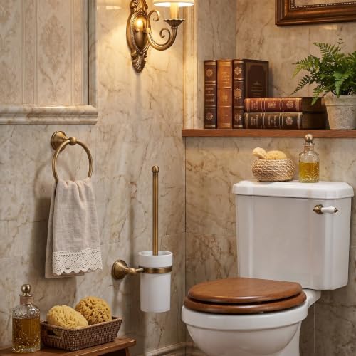 Image of Elegant European Antique Bronze Toilet Brush Holder Set, Wall Mounted Brass Bathroom Accessories Set (Golden)