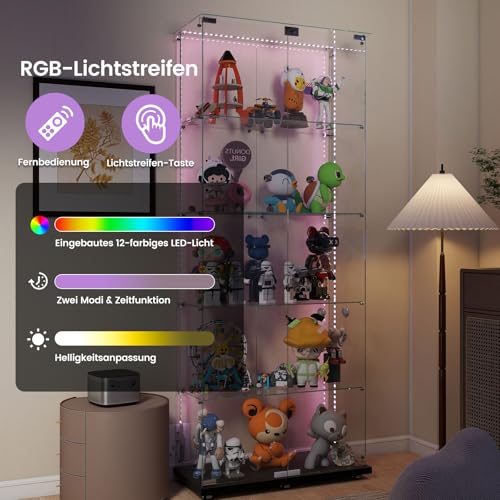 Aplancee Glasvitrine Standvitrine Schwarze mit LED & Rollen- 5-stöckige 188.8 * 36.3 * 80.7cm rahmenlose Vollsicht Vitrine, höhenverstellbare Glasböden - Vitrinenschrank für Wohnzimmer, Büro, Buch