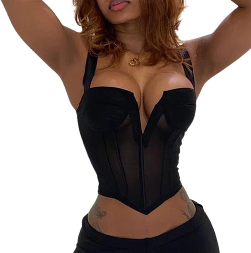Fashion Sexy Ladies See Through Mesh Tank Tops Bustier Corset Women Sleeveless V Neck Skinny