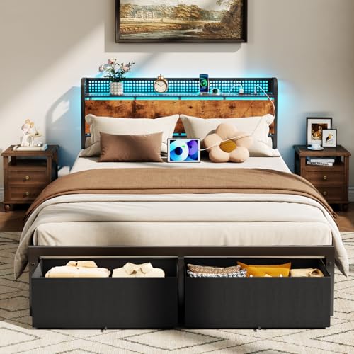 Furnulem Queen Size Bed Frame with Headboard, Platform Bed Frame Queen Size with 2 Storage Drawers and Charging Station & LED Lights, No Box Spring Needed, Noise Free