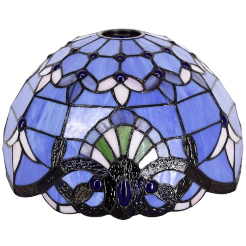Image of 12 Inch Tiffany Lamp shade Replacement Only(Blue Purple Baroque) | Stained Glass Lampshade Only 1-5 /8-Inch Fitter Opening for Arched Floor Lamp, Torchiere Lamp, Pendant Light