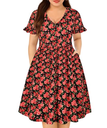 Image of RITERA Plus Size Dresses for Curvy Women Summer Spring Womens Dress V Neck Short Sleeve Casual Dress with Pockets XL-5XL