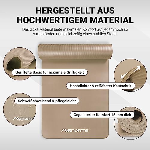 Foto von MSPORTS Gymnastikmatte Premium inkl. Tragegurt + Übungsposter + Workout App I Hautfreundliche Fitnessmatte 190 x 60 x 1,5 cm - Beige-Caramel - Phthalatfreie Yogamatte