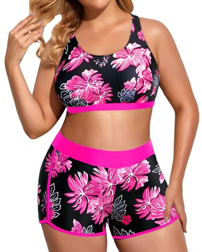Image of Holipick Women Plus Size Swimsuits - Athletic 3 Piece Tankini with Shorts