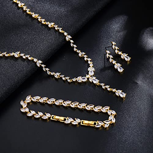 Bridal Wedding Jewelry CZ Set Marquise Teardrop Cubic Zirconia Pendant Necklace and Dangle Earring Bracelet Sets for Women4