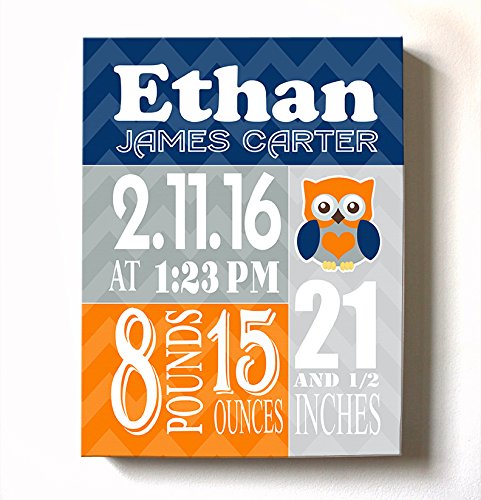 Personalized Stretched Canvas Birth Announcement Gift, Custom Baby Name, Date, Weight Stats, Newborn Owl Nursery Wall Art Decor, Wooden Frame Construction, Ready to Hang 24X30