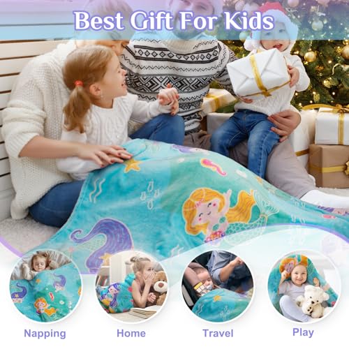 Image of Mermaid Toys Gifts for Girls Kids - Glow in The Dark Ocean Blanket Best Birthday Christmas Valentines Easter Decor Presents for for Age 1-14 Years Old Teens Child Toddler Daughter Soft Throw 50 inchX60 inch