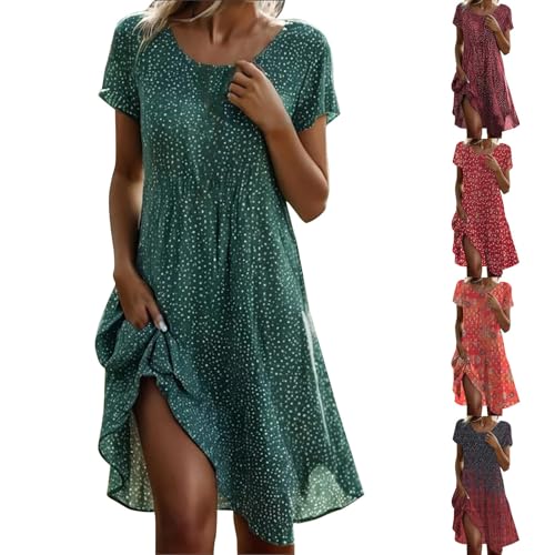 Robe Ete Femme Fluide Manches Courtes Robe De Plage Tunique Ete Bohème Chic Fleurie à Pois Imprimé Vert Sauge Unie Tenues Vetement Femme Grande Taille Robes Casual D'éTé Pour Loisirs Vacances Bureau