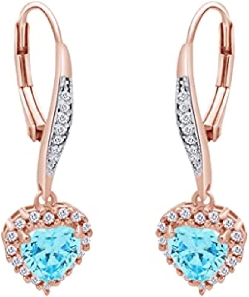 Ritika Heart & Round Cut Aquamarine & Diamond Solitaire Cluster Drop Dangle Earrings 14K Gold Finish 925 Sterling Silver
