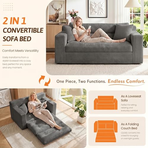 Image of Erament Boneless Loveseat Sofa Couch, 2 in 1 Convertible Sofa Bed with Pillows, Fold Out Bean Bag Chair Boneless Floor Couch for Living Room Bedroom Office Lounge Apartment, No Assembly Needed, Grey