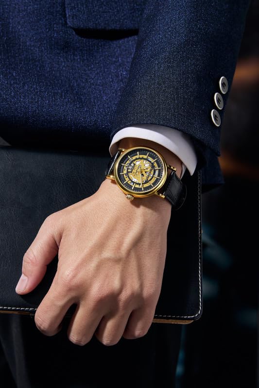 Image of Giordano Analog Quartz Watch for Men with Skeleton Round Dial, Date Function, Luminous Hands and Markers, Leather & Stainless Steel Strap - GZ-50182