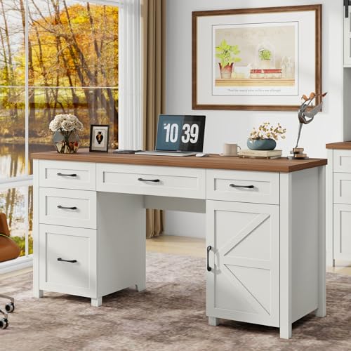 Vabches Farmhouse 61'' Executive Desk with 5 Drawers, Rustic Office Desk Computer Desk with File Drawers and Storage Cabinet, Wood Workstation for Home Office and Study.(Brown Top)