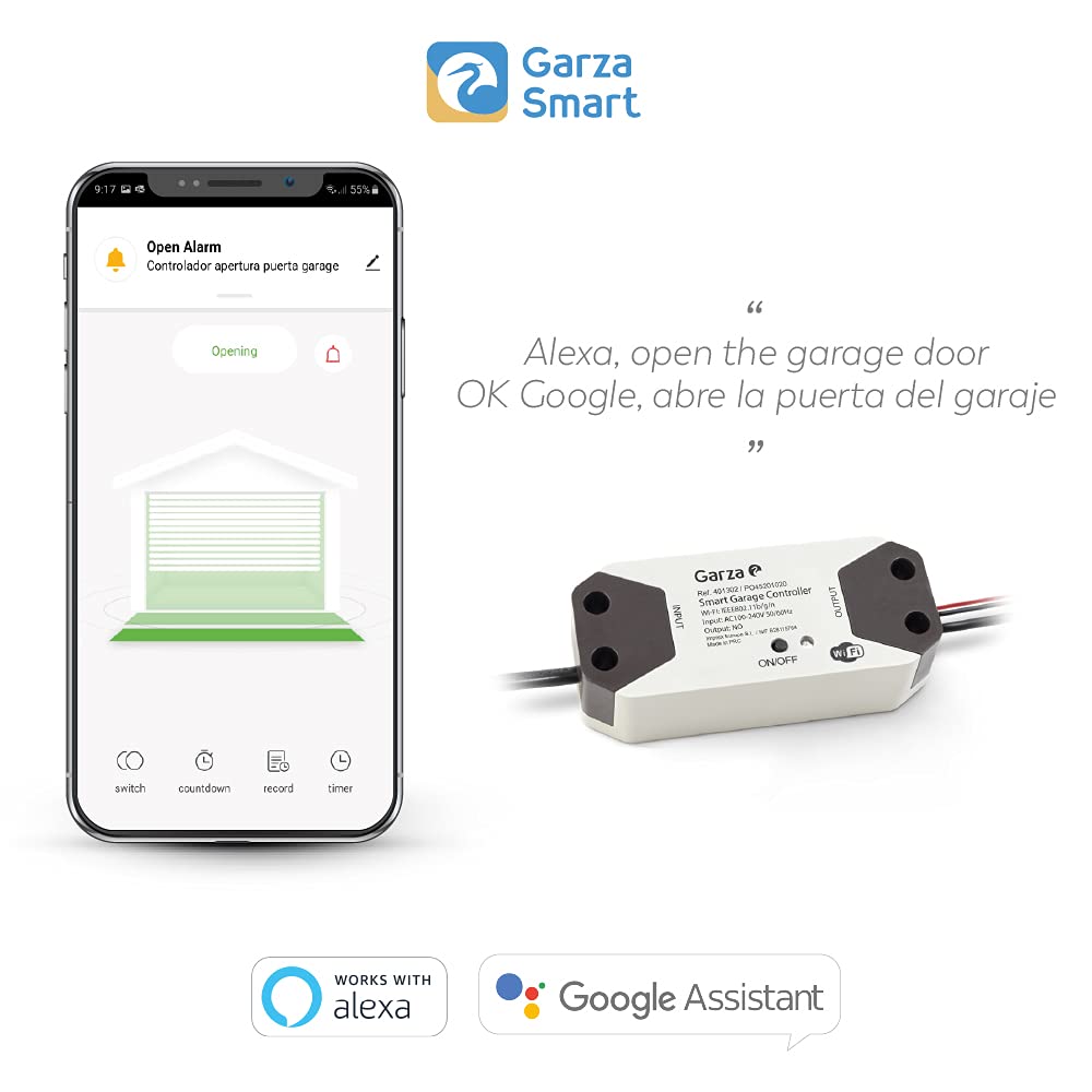 Garza Smart - Controlador de apertura de puerta de garaje inteligente, Wifi 2.4 Ghz, programable, control por app y por voz Alexa/Google, blanco