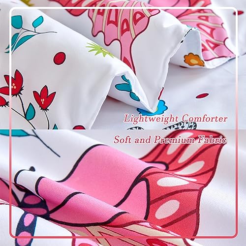 Image of PERFEMET 4-Piece Girls Butterfly Bedding in Pink Floral - Reversible Colorful Flower Toddler Bed Comforter Set for All Season (White, Butterfly)