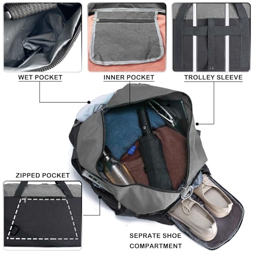 Gym Bags for Women Men with Wet & Shoe Compartment, 40L Foldable Travel Duffle Bag, Lightweight Weekender Overnight Duffel Bag for Traveling Sports Gym(Black)4