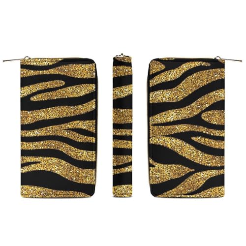 Women's Cute Decor Wallet, Long PU Zipper Wallet, Travel Purse Fashion Design, Huge Storage Capacity Purse Gold Glitter Animal Skin Tiger Stripes Print3
