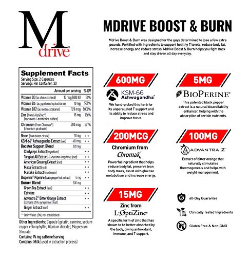 Mdrive Boost And Burn Testosterone Booster And Fat Burner For Men, Energy, Strength, Stress Relief, Ksm-66 Ashwagandha, Advantra Z, Chromax, 60 Capsules #TOP1