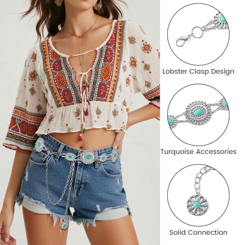 YBO Women Concho Chain Belt Metal Link Western Cowgirl Turquoise Chain Belt for Dress2
