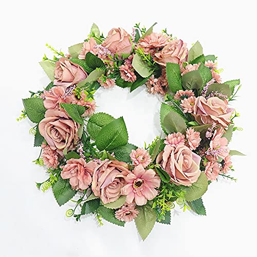 HAOSHICS Corona colgante de flores artificiales, guirnalda de imitación para puerta delantera, corona artificial para puerta, boda, fiesta, hogar, pared, decoración de ventana (rosa rosa)