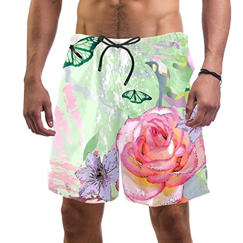 Maillots de bain pour hommes séchage rapide JDEZ short de plage motif fleur papillon rose