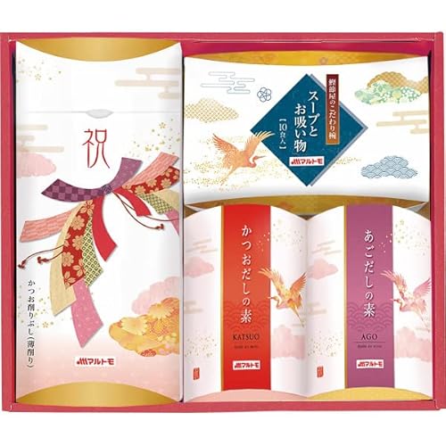 マルトモ 祝かつおぶし詰合せ かつお節を花状に薄く削った、見た目も美しいかつお節パックと、かつおとあごのこだわりだしの素、便利なフリーズドライスープの詰合せギフトです。