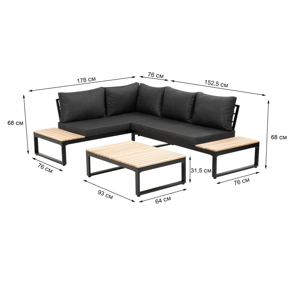 greemotion Ensemble Salon de Jardin Rio, Set de 2 Fauteils et Table en Bois d’Acacia FSC® 100%, Cadre Aluminium, Coussins en Polyester Inclus, Gris/Bois/Noir