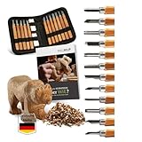 HOLZHELD Schnitzwerkzeug Set (16-teilig) mit Anleitung für 1 Schnitzprojekt - 12 hochwertige Schnitzmesser zum Schnitzen mit prakt. Werkzeugtasche