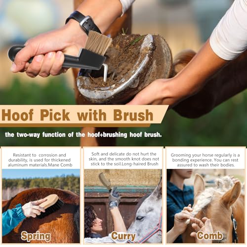 Abbylike 12 Pieces Horse Grooming Kit Racing Festival Tack Room Supplies Horse Brush Sets Equine Care Cleaning Kit Shedding Grooming Massaging Tools(Dark Gray) - Thumbnail 4