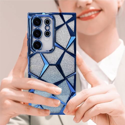 Image of VONZEE Gradient Glitter Clear Case for Samsung S25 Ultra, Luxury Electroplated 3D Cube, Diamond Bling Shiny Soft TPU Clear Shockproof Women Girls Protective Phone Cover (Blue)