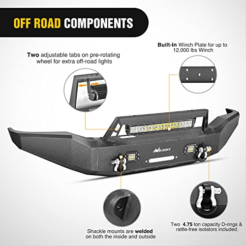 Image of Nilight Front Winch Bumper for 2007-2013 Toyota Tundra w /LED Light Bar, Pod lights & D ring Shackles, Heavy Duty Off-Road Full Width Steel Bumper, Winch Plate Ready Bull Bar, Black