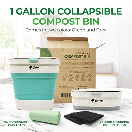 Airnex Collapsible Countertop Compost Bin With Lid - 1 Gallon Food Waste Bin For Kitchen Made Of Wheat Straw - Odor Free Indoor Compost Bin For Kitchen With Compostable Trash Bags And Carbon Filters #TOP2