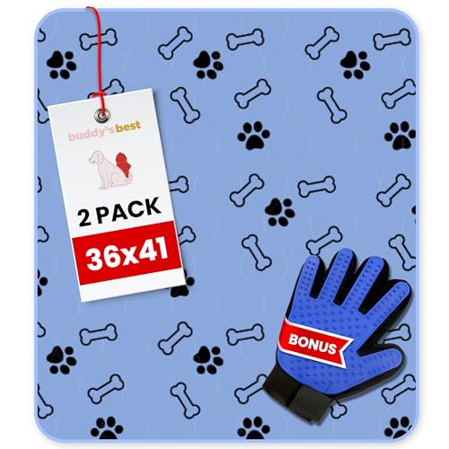 Image of Buddy's Best Washable Pee Pads for Dogs - Medium (36 inchx41 inch) - Ultra-Absorbent, Non-Slip, Ideal for Larger Areas, Training, Incontinence - (2-Pack) + Bonus Grooming Glove