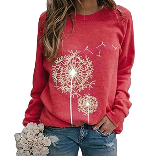 Tomwell Mujeres Sudadera De Camisa De Manga Larga Suelta Jerseys con Estampado De Diente De León Otoño Invierno Pullover Blusa Tops A Rojo S