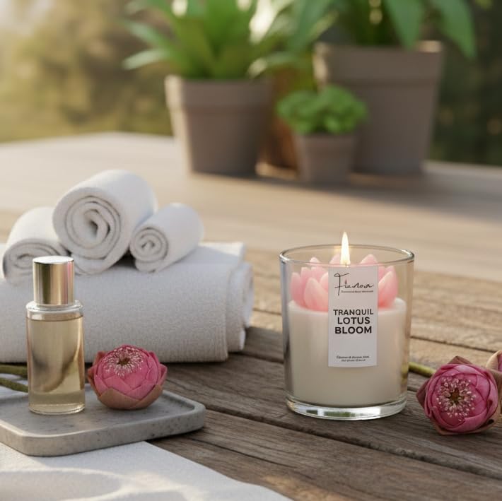 Image of Serene Pink Lotus Pond Scented Jar Candle | 200gm Soy Wax with Pink Lotus Flower Topper | Tranquil Rose Fragrance | Unique Christmas Gift, Home Decor for Peace & Meditation