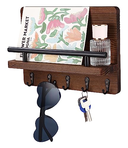 FAOKZE Portallaves de madera, soporte para cartas con 5 ganchos para llaves, Colgador de Llaves de Madera, Revistero Pared Organizador, Cuelga Llaves Pared, Estante para Correo de Madera.