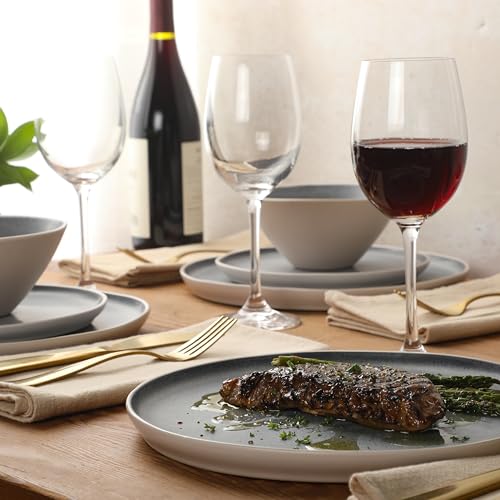 Image of Gibson Elite Coastal Forest Plates and Bowls Sets, 12-Piece Stoneware Dinnerware Sets, Triple Reactive Glaze Dish Set - Grey and Cream White