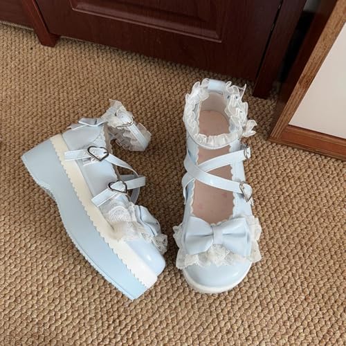 ZQW Kawaii Sweet Lace Bowknot Wedge Heels - Cute Lolita Adorable Chic Aesthetic Y2K Chunky Mary Janes Shoes for Women Goth4