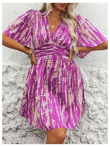 Image of Floerns Women's Plus Size Printed V Neck Short Sleeve Ruffle Hem Summer Short Dresses