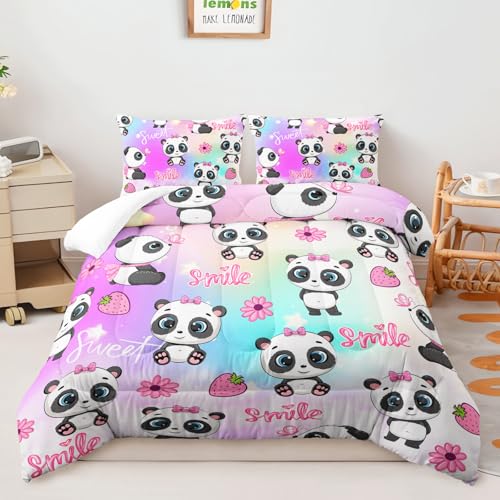 Image of AILONEN Cute Panda Comforter Set Twin Size, Cartoon Animal Panda Bedding Set for Kids Girls,Flower Strawberry Duvet Set 3Pcs for Bedroom Decor,1 Quilt and 2 Pillowcases,Soft