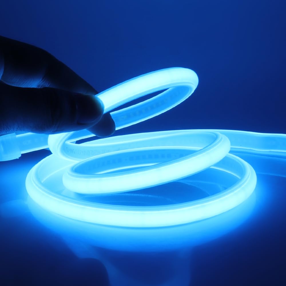 GQL 29m Ultra-Soft Modified Silicone COB Neon Strip Light Ice Blue, 288 LEDs/m, Cut to 50cm, IP65 Waterproof Flexible LED Strip with Switch 220V UK Plug Power Supply
