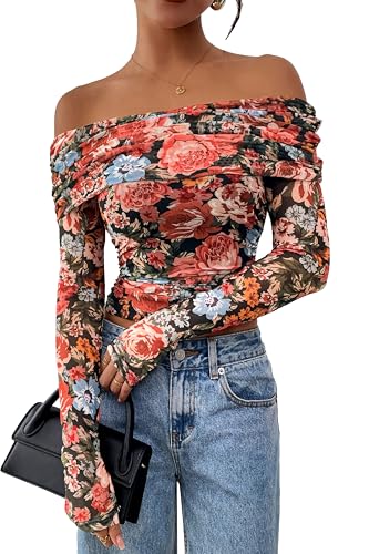 PRETTYGARDEN Women's Fall Tops 2025 Off The Shoulder Long Sleeve Fitted Y2k Shirts Floral Ruched Mesh Going Out Outfits