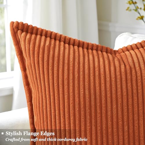 decorUhome Fall Corduroy Rust Throw Pillow Covers 18x18 Set of 2 Decorative Soft Boho Striped Neutral Euro Farmhouse Couch Pillow Cases with Broadside for Living Room Bed Sofa