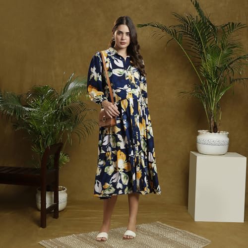 Image of MomToBe Women's Rayon Maternity Dress /Western Dress with Zippers for Nursing Pre and Post Pregnancy (Navy Blue ; Large)