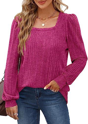 WIHOLL Sweaters for Women Dressy Casual Puff Sleeve Y2k Tops Plain Hot Pink 2XL