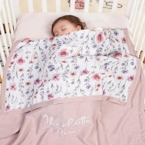 Image of Personalized Baby Blanket with Name - Custom Knit Blanket, 27x40in Floral Embroidered Nursery Blanket for Girls - Customized Baby Blanket, Soft Newborn Gift & Custom Baby Gifts (Baby Pink)